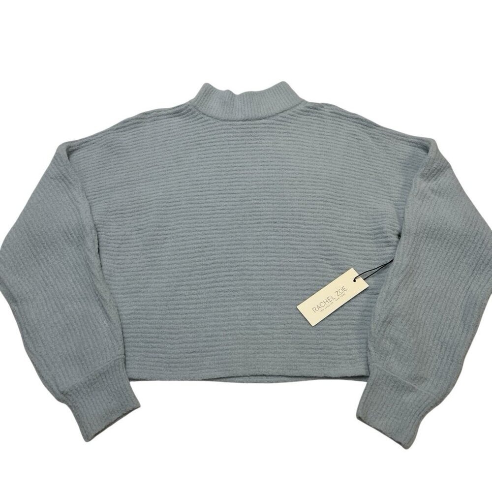 Rachel Zoe Sweater Blue Ribbed Knit Cropped Boxy Mock Neck Size M Soft‎ Cozy